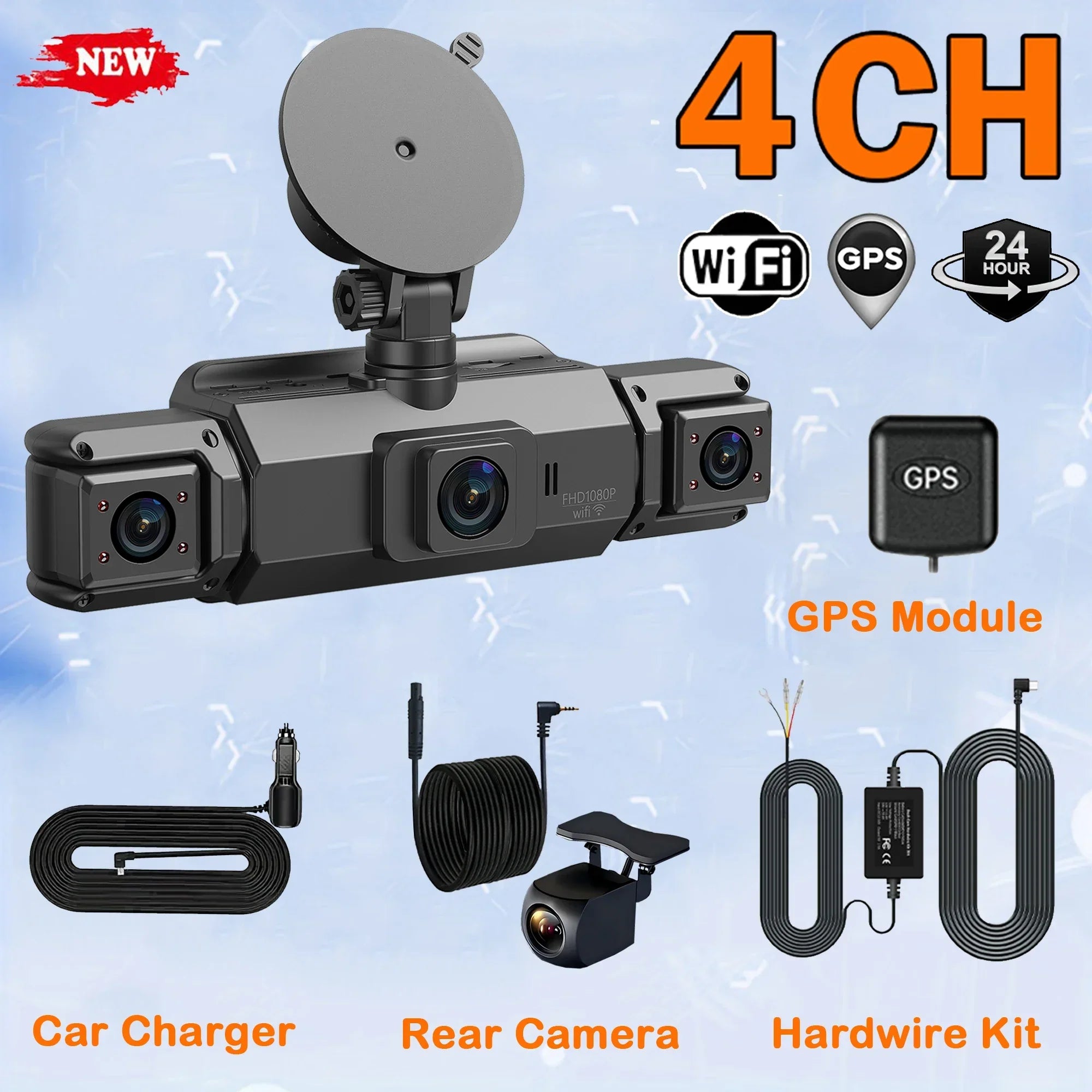 Car Dash Cam 4 Channel Driving Camera with WiFi GPS 1080P Front Left Right Rear Night Vision Loop Recording 24H Parking Monitor