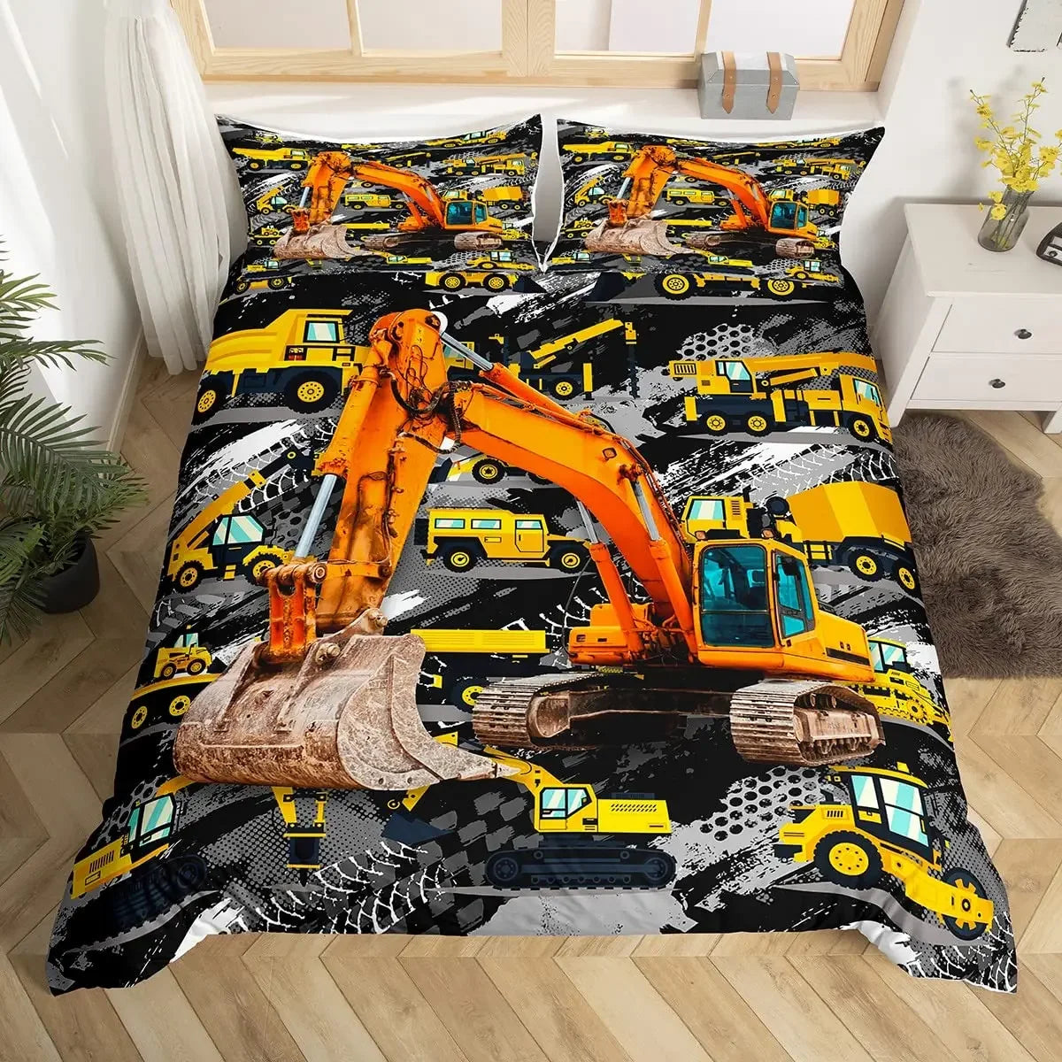 Construction Vehicles Boys Excavator Duvet Cover Yellow Tractor Truck Bedding Set for Teens Child Old Retro Car Theme Room Decor