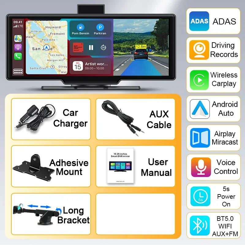 10.26" Wireless Carplay & Android Auto 4K Dash DVR Cam Smart Screen Dashboard Video Recorder Rearview Camera BT Mirror Monitor