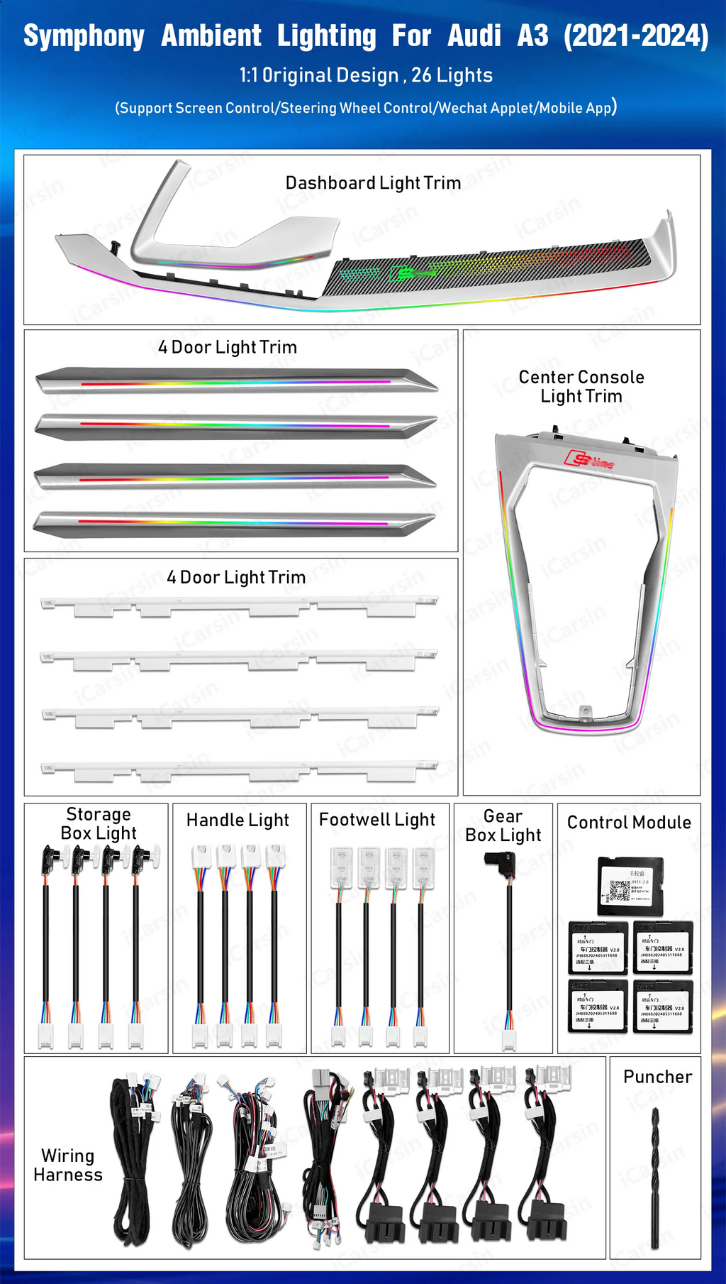 Upgrade Symphony Led Car Interior Ambient Light Decoration for Audi A3 2021-2024 Carbon Fiber Pattern Trim Accessories