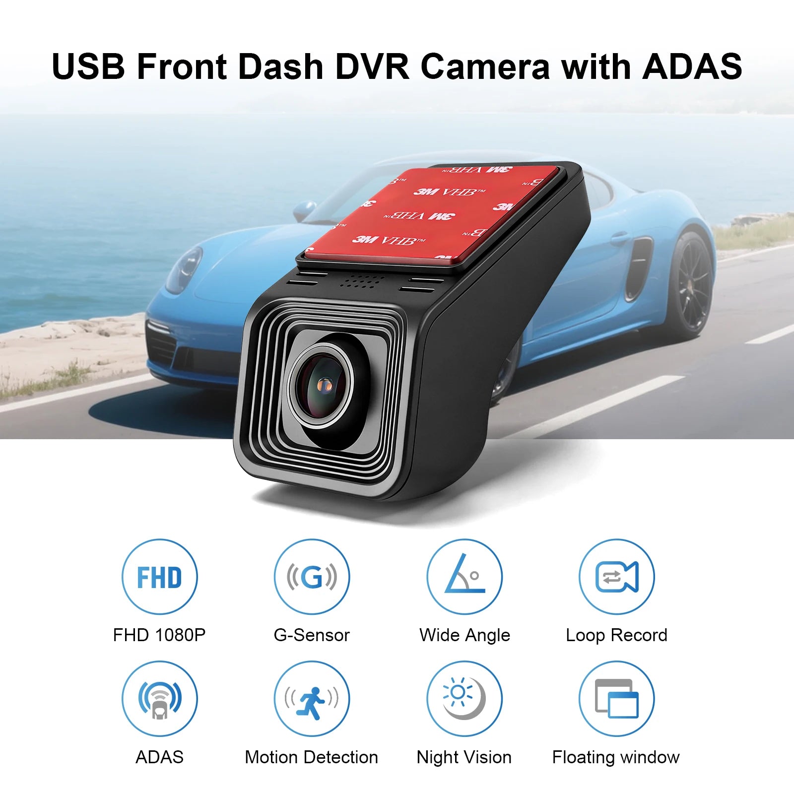 1080P HD Dash Camera, USB Front Dash Camera Universal Car DVR for Android System with ADAS Plug in the SD Card