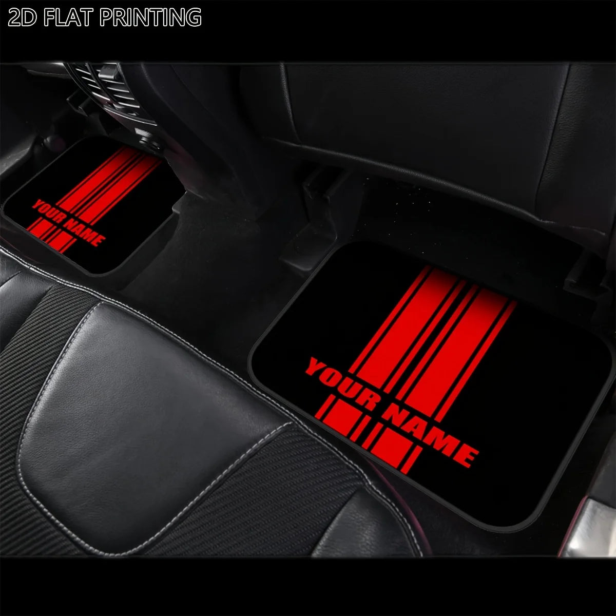 Custom 4pcs Car Floor Mats With Personalized Name/Text - Red Vertical Stripes On Black, All-Season Durable Polyester Auto Liners