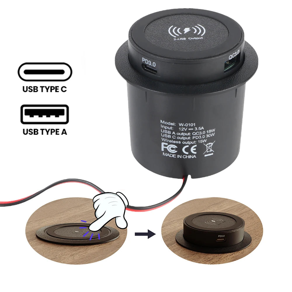 Quick Charge PD 3.0 Car Charger USB Type-C For Camper Truck ATV Boat Car RV Embedded Wireless Charger 15W Outlet Socket