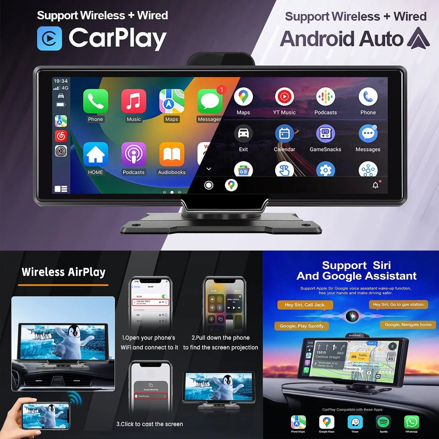 10.26In 4K DVR Wireless CarPlay Android Auto Dash Cam GPS Navigation 24H Parking Monitor Night Vision Integrated design