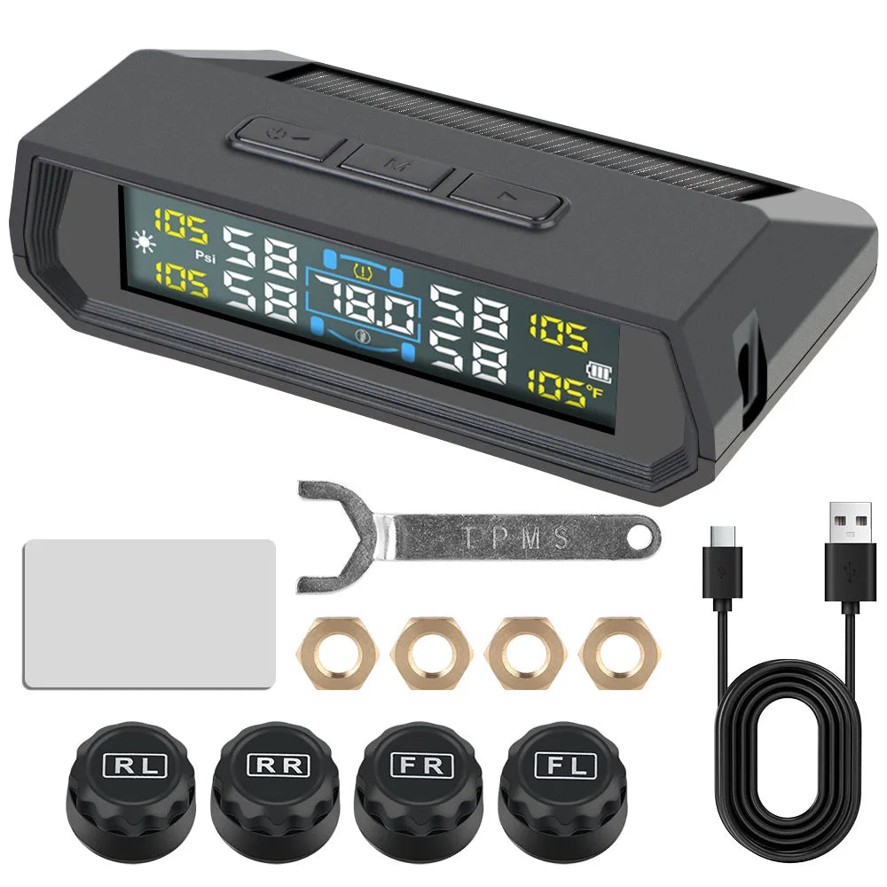 Tire Pressure Monitoring System Auto Security Alarm Systems Solar/USB Powered Tyre Temperature Monitor Car TPMS 4 Sensors