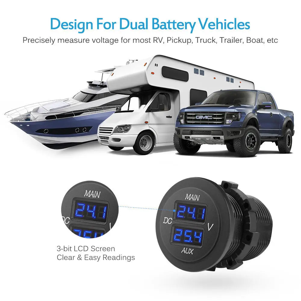 LED Car Digital Double Voltmeter Round Panel Voltage Monitor for Car Pickup RV Truck