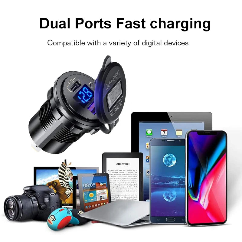 Car USB Charger QC3.0 PD Type C USB with Switch Socket for 12V/24V Vehicles Boat Motorcycle SUV Bus Truck Caravan Marine