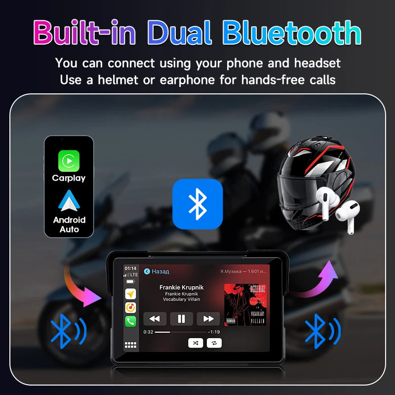 7 inch Motorcycle DVR Navigation CarPlay 2K Camera IP67 Waterproof Host Dual Bluetooth Wireless Android Auto For Moto screen