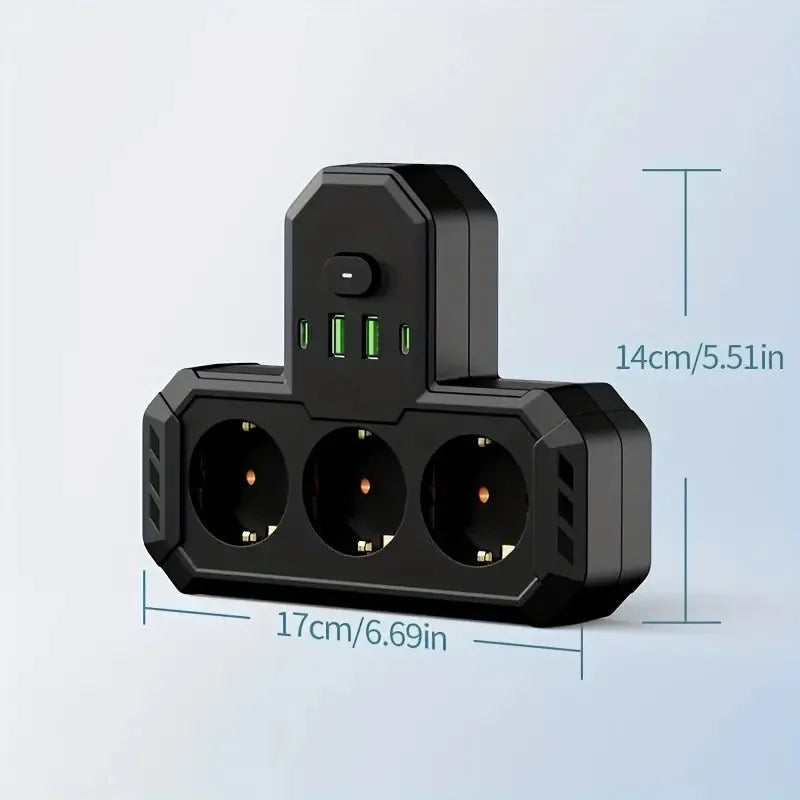 EU Plug Outlet 4 Sockets Multitap Wall Power Strip Electrical Socket 2 USB 1 Type-C Ports No Extension Cord with 2500W MAX Power