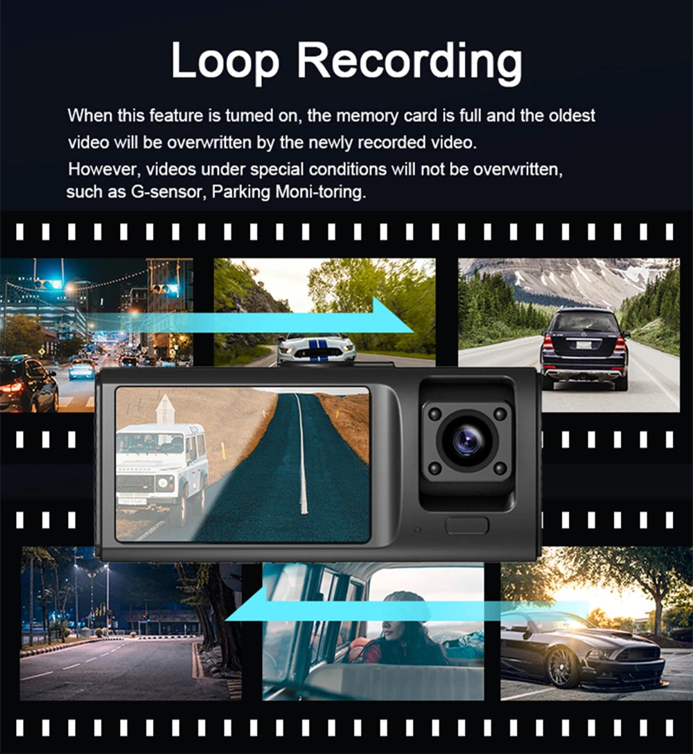 3 Channel Dash Cam for Cars Camera HD 1080P 3-Lens Vehicle Video Recorder Black Box Dual Lens Inside Car DVR Rear View Camera
