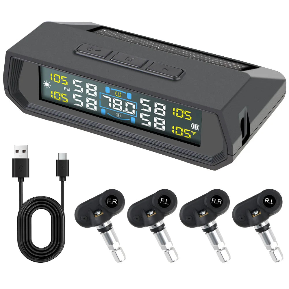Tire Pressure Monitoring System Auto Security Alarm Systems Solar/USB Powered Tyre Temperature Monitor Car TPMS 4 Sensors