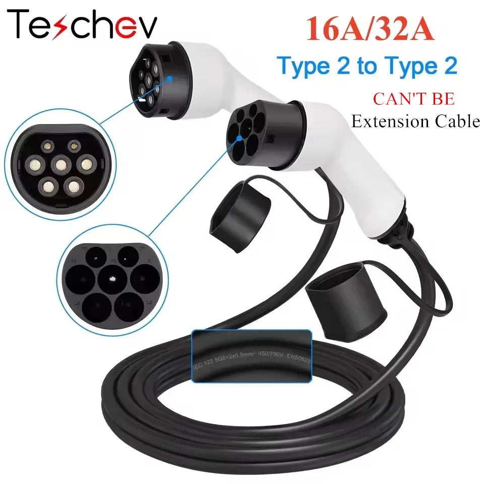 Teschev 16A/32A 11kW Type to Type2 EV Charging Charging Cable IEC 62196-2 Charger For PHEV Electric Vehicles In Public Station