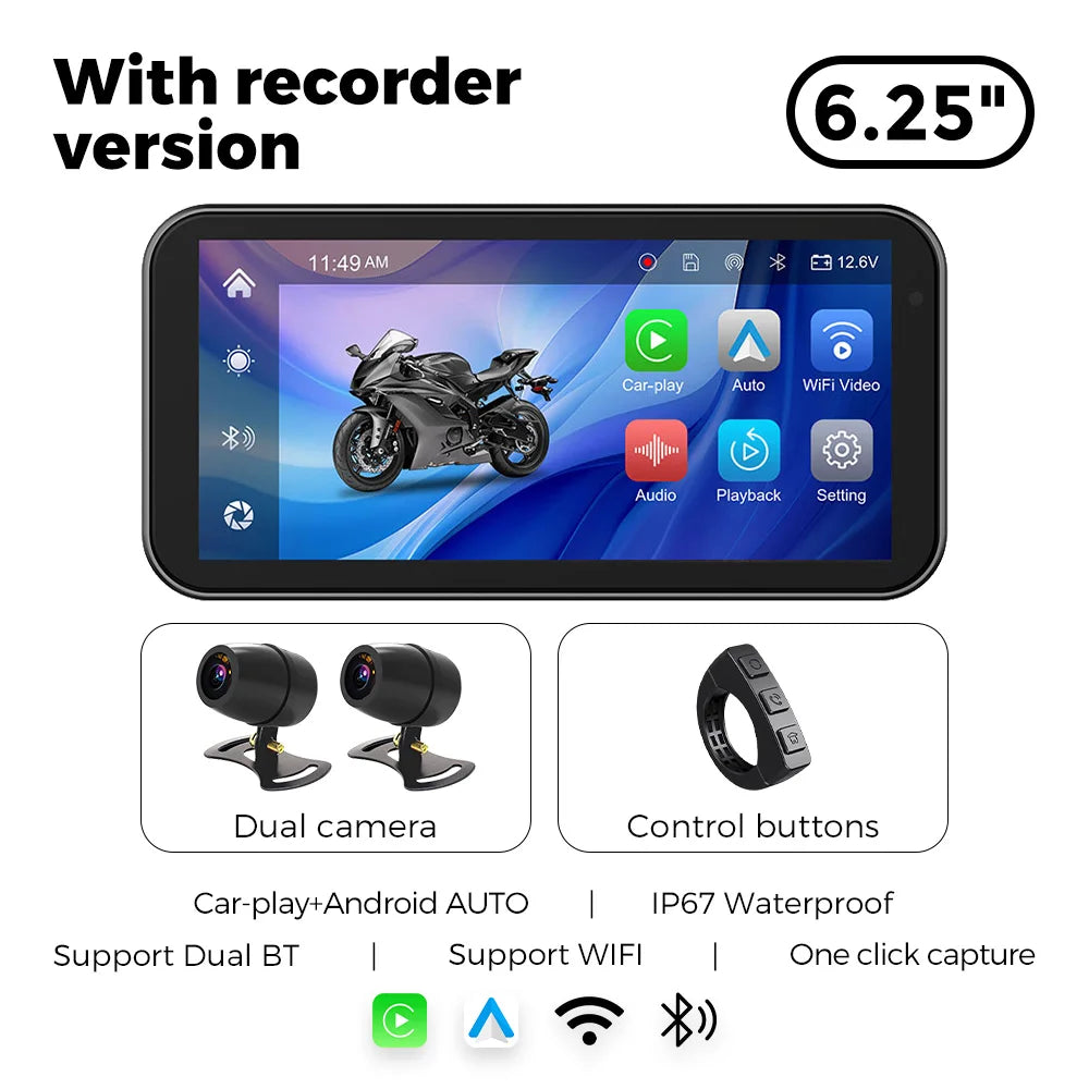 New 6.25‘’ Portable Carplay Motorcycle GPS Waterproof screen Wireless Carplay moto&Android Auto Monitor Dual DVR Camera BT TPMS