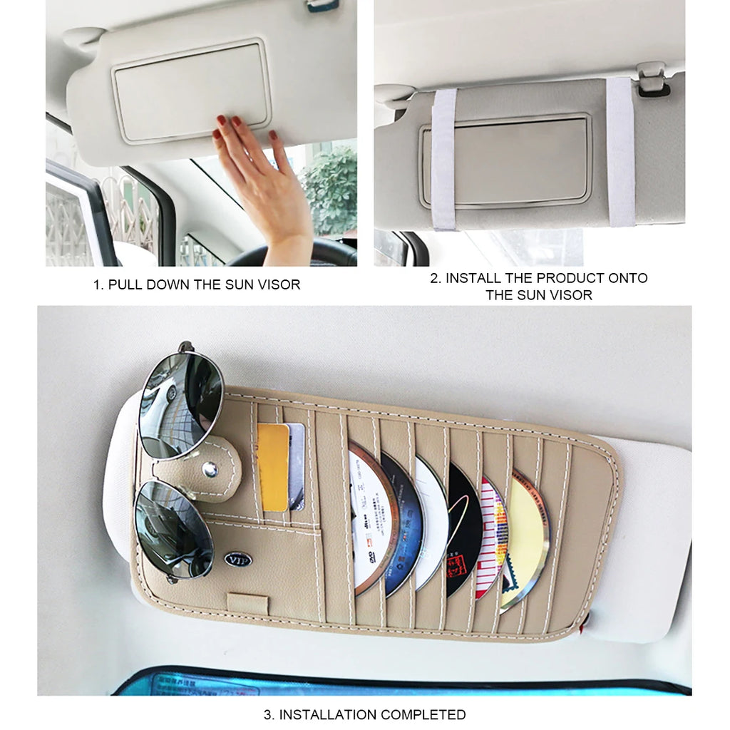 Car CD Case Holder, Vehicle Sun Visor Organizer for Cars with DVD Storage Sleeves, Pen Holder, Sunglasses Holder,  Card Pockets