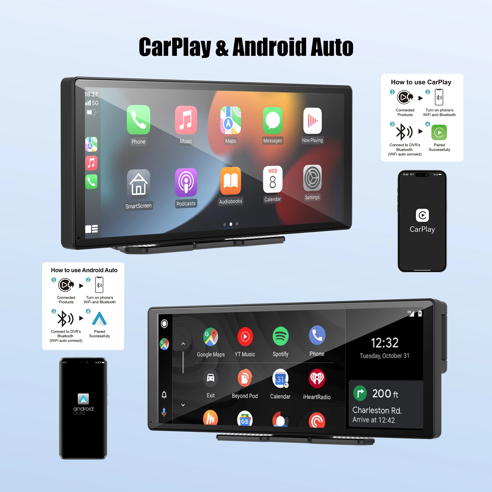 Dash Cam11.3"  4K 2160P Rearview Camera Carplay & Android Auto GPS Navigation with Voice Control Car DVR BT FM Monitor