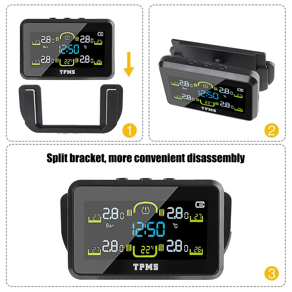 T14-1 Car Tyre Pressure Monitor With 4 External Sensors Tire Pressure Monitoring System Solar TPMS Temperature Warning Fuel Save