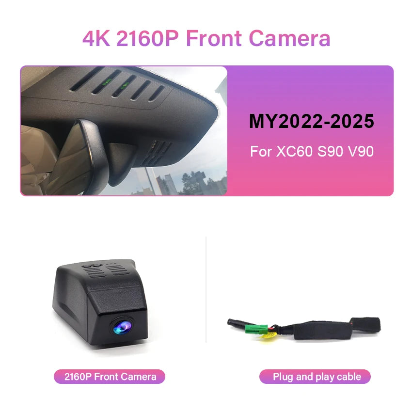 Dash Cam 4K for VOLVO XC60 S90 V90 2018 2019 2020 2021 2022 2023 2024 2025,Plug and Play Car DVR Dashcam Camera Video Recorder