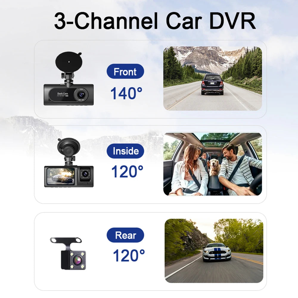 3 Channel Dash Cam for Cars Camera HD 1080P 3-Lens Vehicle Video Recorder Black Box Dual Lens Inside Car DVR Rear View Camera