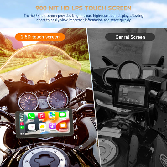 Motorcycle GPS with 6.25" Touchscreen – Wireless CarPlay & Android Auto, Waterproof, Plug & Play