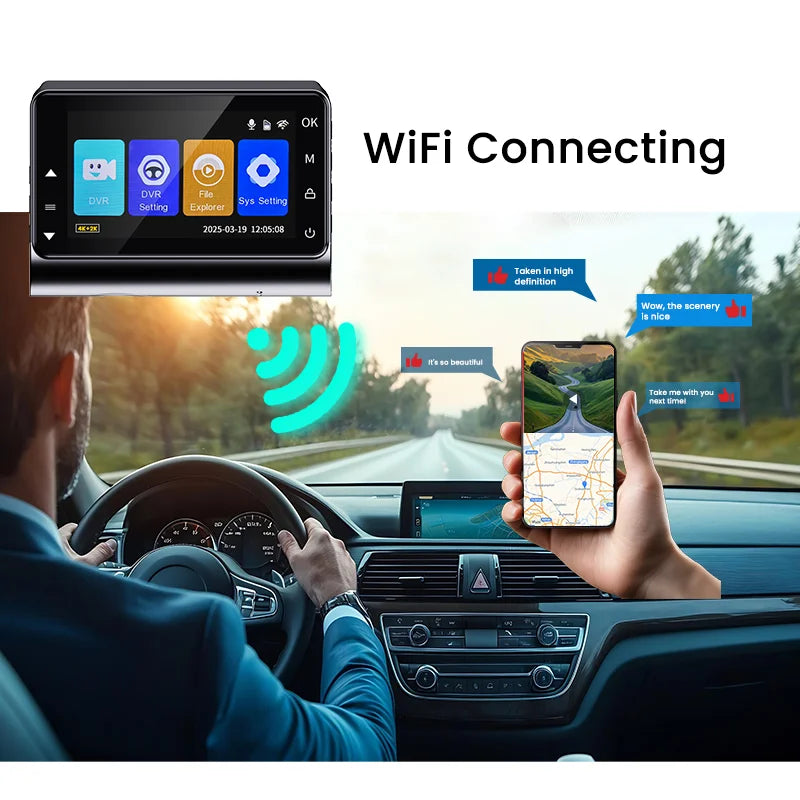 Dash Cam 4K Front and 2.5K Rear Dual Camera GPS WiFi with IMX415 Night Vision 3" Screen APP Control 24H Parking Monitor Tracking