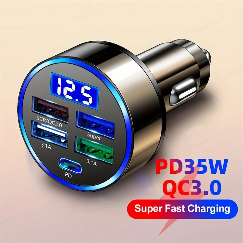 USB C Type C Car Charger 6 Ports USB Super Fast Charging Phone Charging Voltage Detection Digital Display Mobile Phone Charger