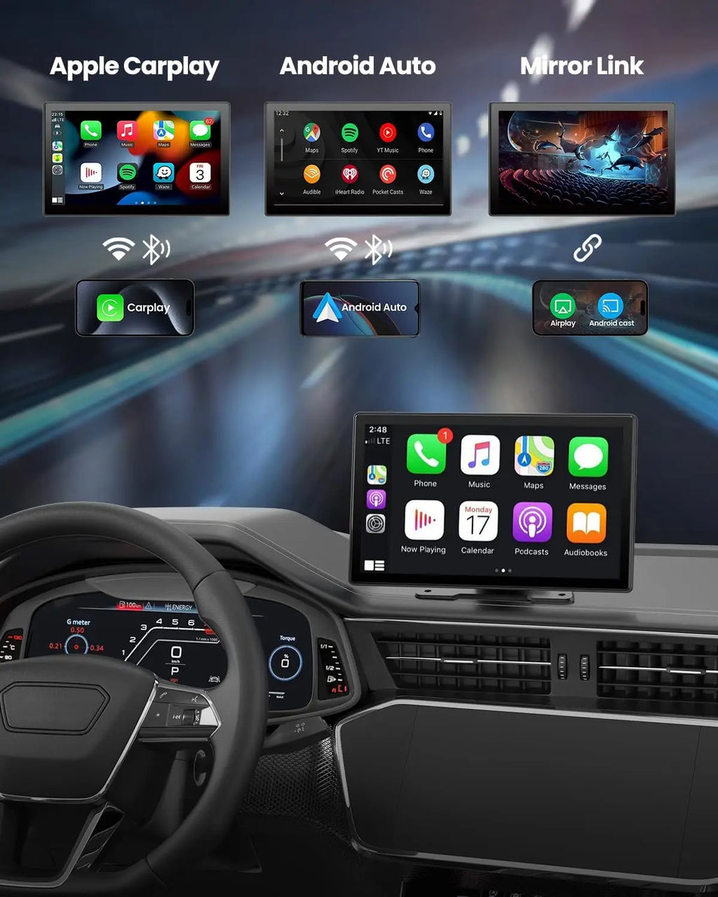 Portable 10.1 inch 4K Dashcam Wireless Carplay Android Auto DVR Car Intelligent Systems Dashboard Car DVR Bluetooth FM AUX