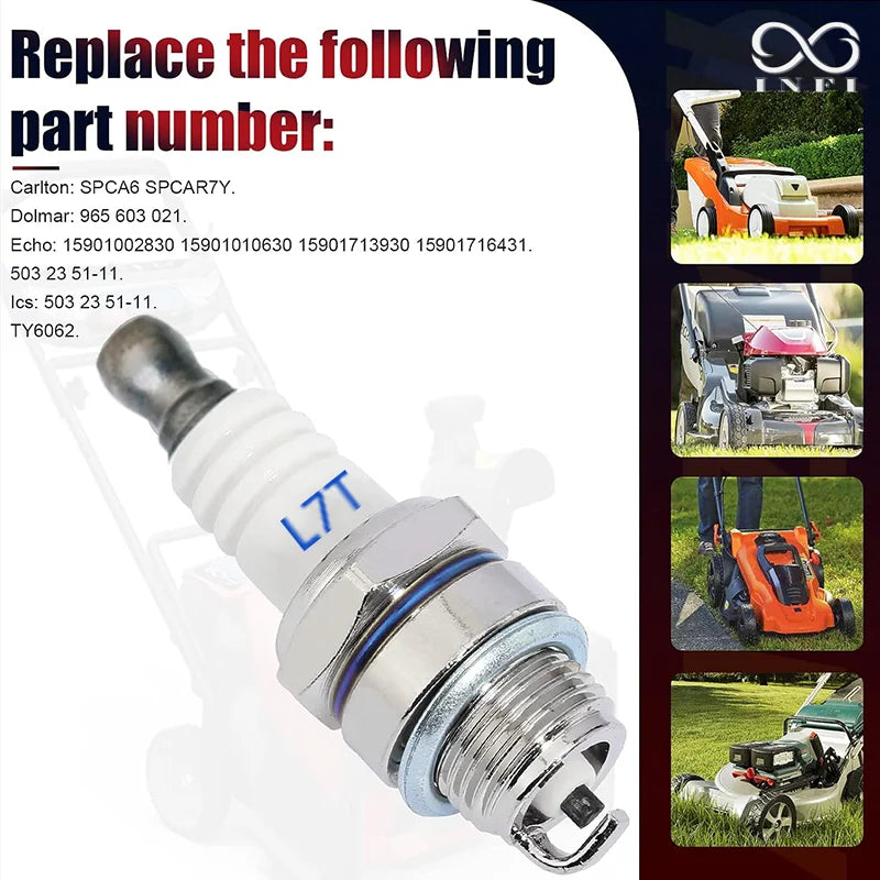 2 bujías L7T para motores de 2 tiempos de 33-49 cc. Compatibles con motosierras, cortacéspedes, cortasetos, desbrozadoras, minicortacéspedes y bicicletas.