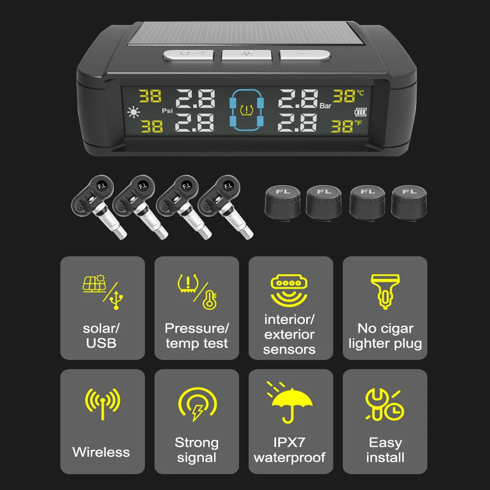 Tire Pressure Monitoring System Auto Security Alarm Systems Solar/USB Powered Tyre Temperature Monitor Car TPMS 4 Sensors