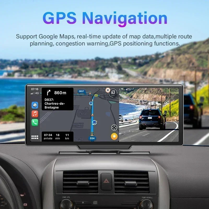 10.26" Wireless Carplay & Android Auto 4K Dash DVR Cam Smart Screen Dashboard Video Recorder Rearview Camera BT Mirror Monitor