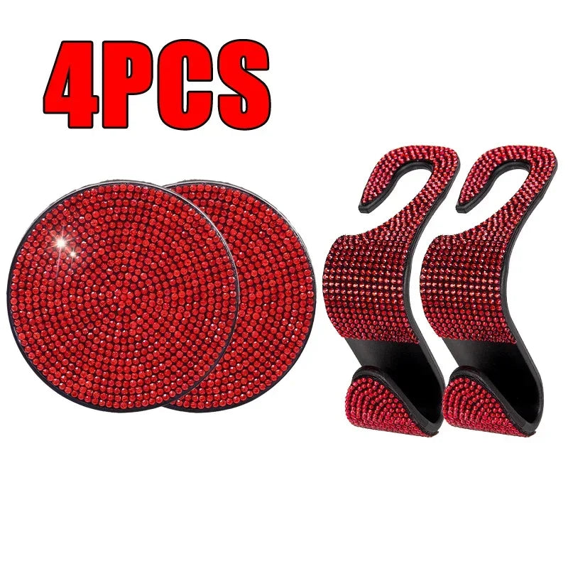 4 Pcs/set Car Interior Accessories Multifunction Diamond Auto Seat Back Hooks Non-slip Coaster Universal Car Hook Water Cup Mat