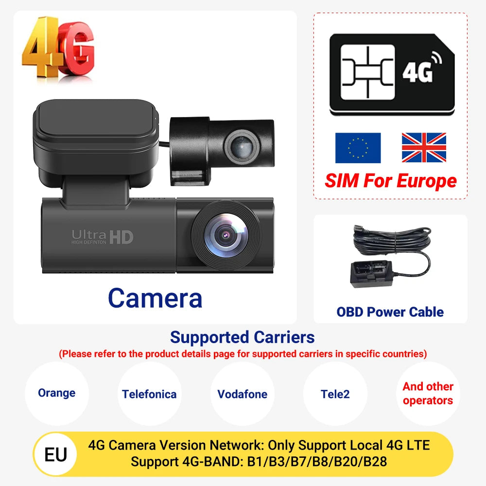4G LTE Dashcam 4K Car Dvr Black Box Front & Rear View Car Camera Collision Warning GPS Tracking Human Detection Car Recorder