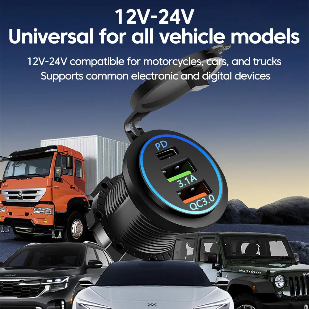 Motorcycle Car Charger Waterproof Modified QC3.0 Dual USB+ Type-C Charger Charger Accessori For 12V-24V Car Auto Motorcycle
