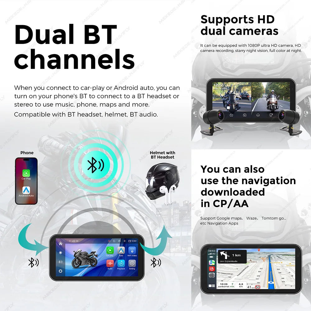 New 6.25‘’ Portable Carplay Motorcycle GPS Waterproof screen Wireless Carplay moto&Android Auto Monitor Dual DVR Camera BT TPMS