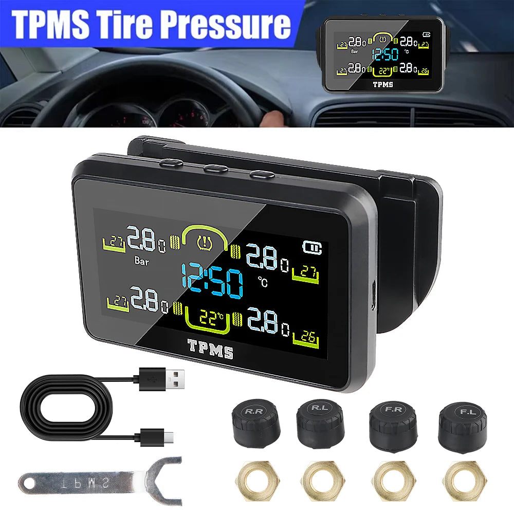 Temperature Warning Fuel Save Tire Pressure Monitoring System Car Tyre Pressure Monitor With 4 External Sensors Solar TPMS T14-1