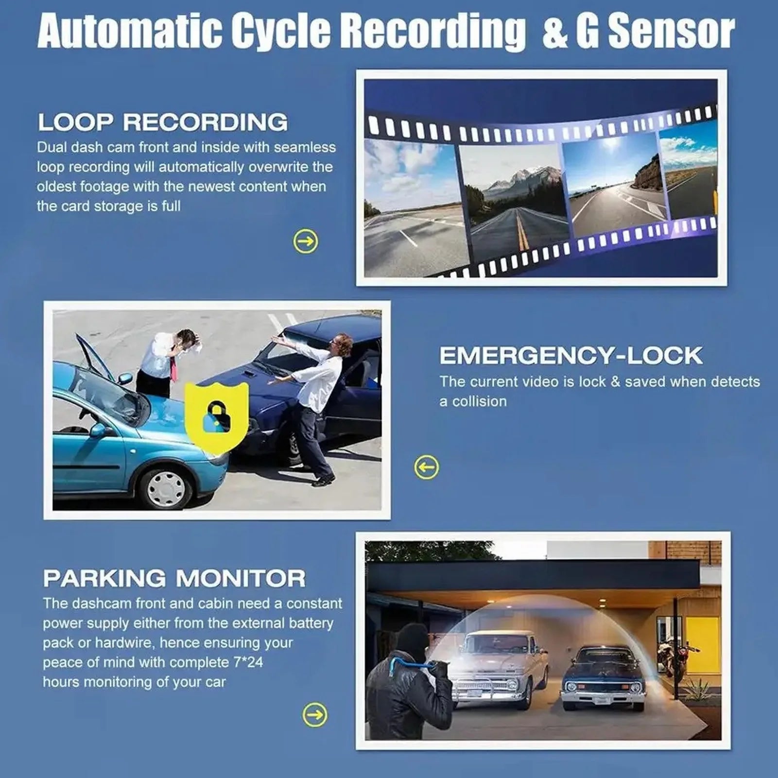 2 Inch Front Rear Inside Dash Cam Wireless 1080P HD 170° Wide Angle Three Channel Car Dashboard Camera with Night Vision