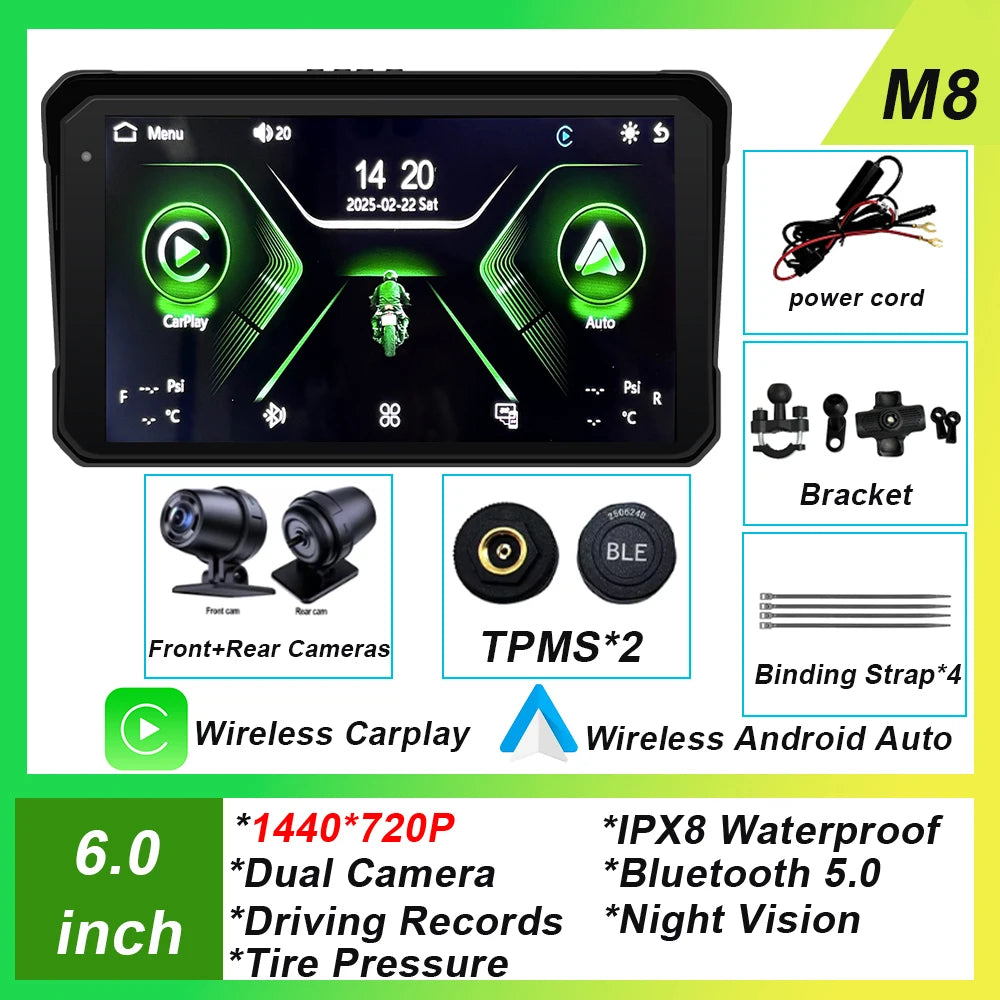 6 inch Screen For Car Motorcycle Waterproof  IPX8 Monitor Dash Cam GPS Navigation Wireless Carplay Android Auto With TPMS DVR