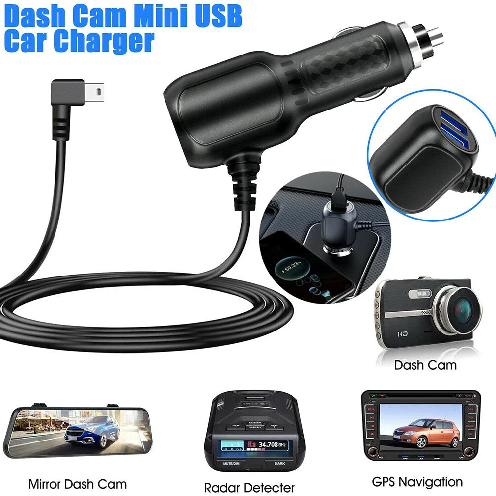 Car GPS Charger Car Driving Recorder Power Cord Dual USB 2 In 1 Multi-function Car Charger 11.5ft Power Cord Supply
