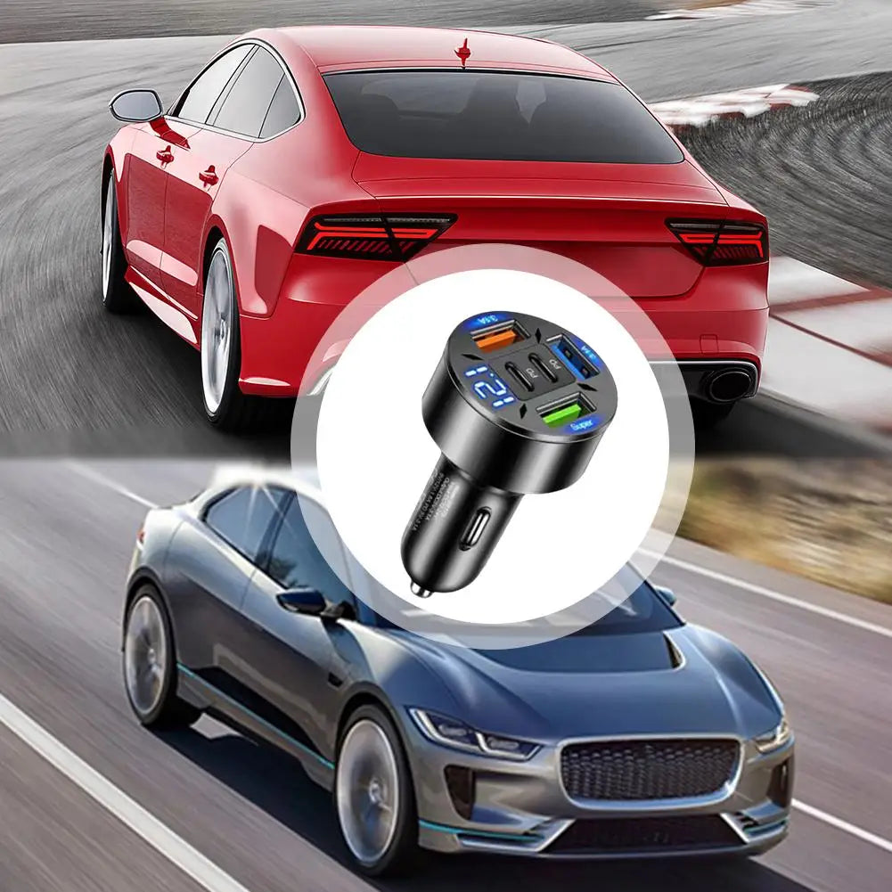 250W 5 Ports Car Charger Fast Charging QC 3.0 USB Type-c Digital Phone Car Accessories Adapter Charger Car Display A6H0