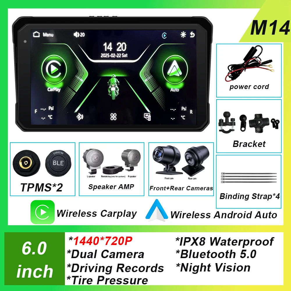 6 inch Screen For Car Motorcycle Waterproof  IPX8 Monitor Dash Cam GPS Navigation Wireless Carplay Android Auto With TPMS DVR