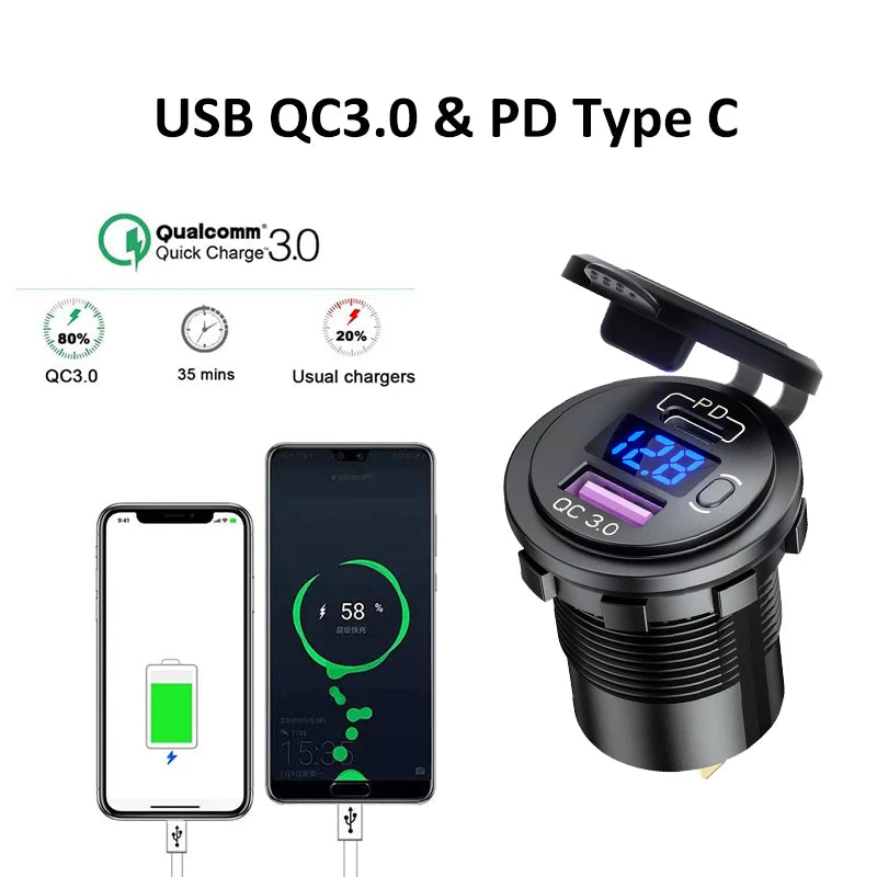 Car USB Charger QC3.0 PD Type C USB with Switch Socket for 12V/24V Vehicles Boat Motorcycle SUV Bus Truck Caravan Marine