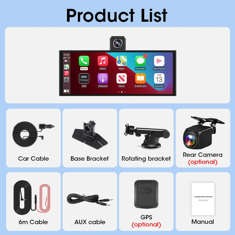 10/11.26 inch 4K Dash Cam Wireless Carplay & Android Auto Car Dvr 360 ° Rotation Dual Lens Video Recorder Dashboard Truck Camera