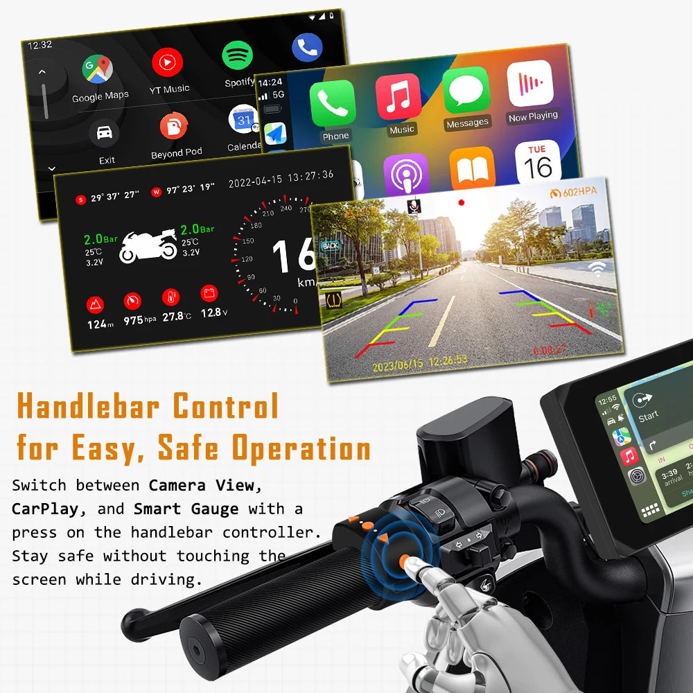 VSYS Carplay Android Auto Motorcycle Dash Cam 5.0'' Touchscreen with Dual 1080P Waterproof Cameras TPMS Parking Mode WiFi App