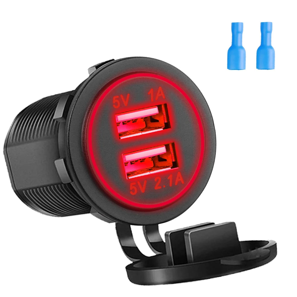 Car Charger with LED  36W Dual USB QC 3.0  12/24V Waterproof USB PD Outlet Fast Charge For Car Motorcycle