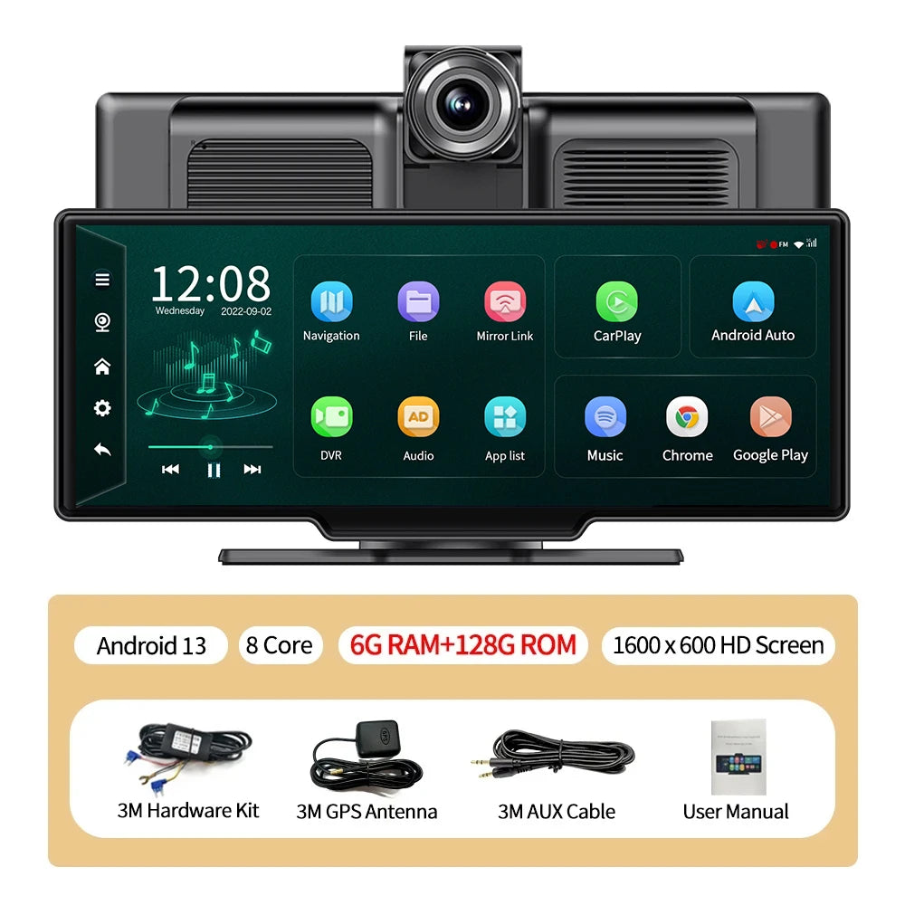 10.26''Dashboard Android 13 Dash Cam 5.1Bluetooth U Disk ADAS GPS Navigation FM AUX 24H Parking Monitor Car DVR Video Recorder