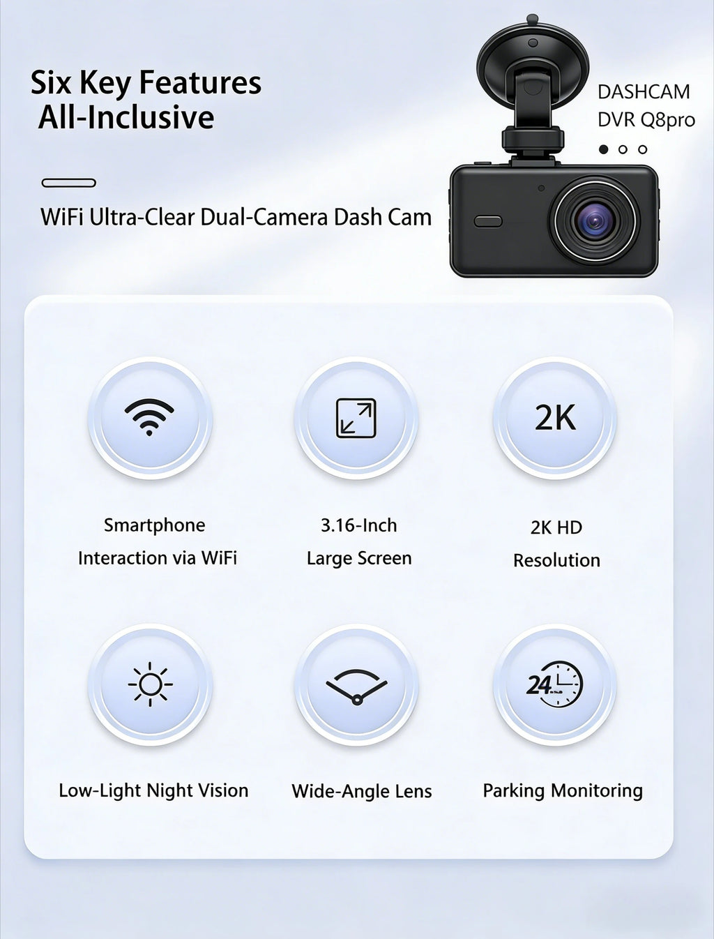 3-Lens Dash Cam 2K+1K+1K Ultra Wide Angle Front/Inside/Rear WiFi Car Camera Recorder