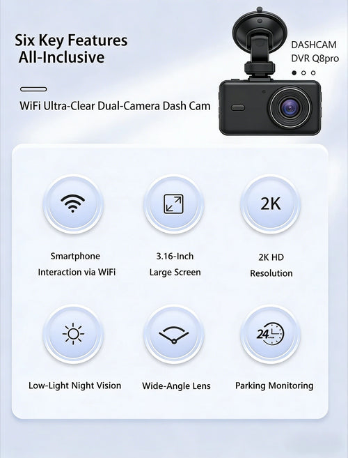 3-Lens Dash Cam 2K+1K+1K Ultra Wide Angle Front/Inside/Rear WiFi Car Camera Recorder