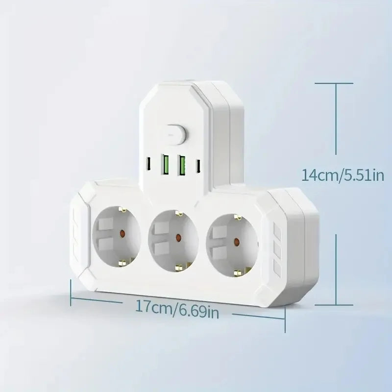 EU Plug Outlet 4 Sockets Multitap Wall Power Strip Electrical Socket 2 USB 1 Type-C Ports No Extension Cord with 2500W MAX Power