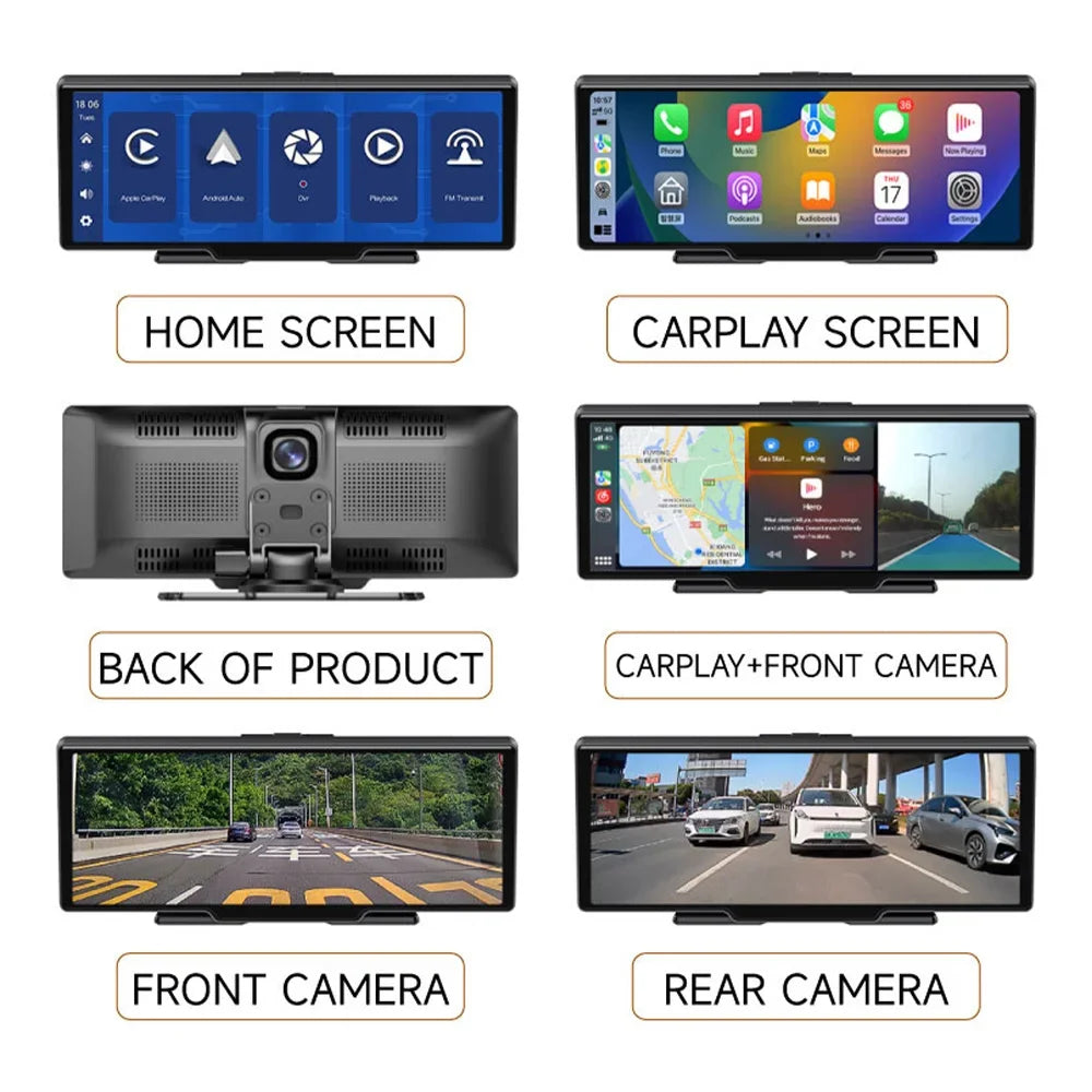 10.26 Inch 4K Car DVR Dash Cam Rearview Camera Carplay & Android Auto Navigation With Voice Control BT FM Monitor Car Screen