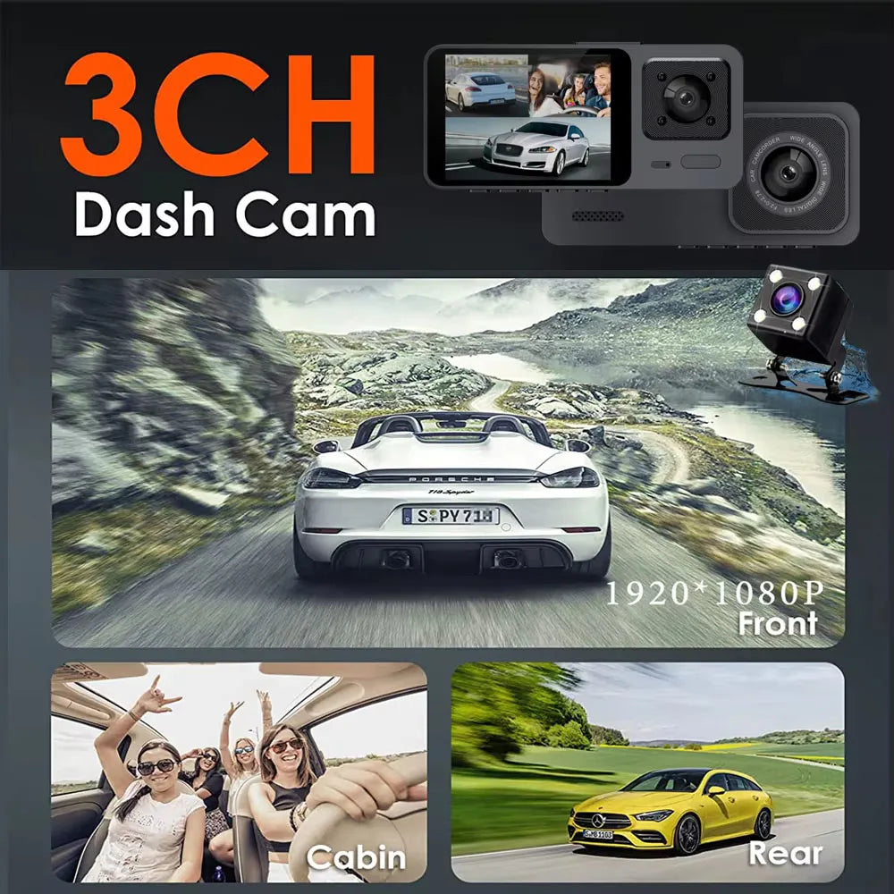 3 Channel Dash Cam Three Way Car DVR  Inside Vehicle Camera Mini Recorder HD 1080P Video Mini Registrator Dashcam Camcorder