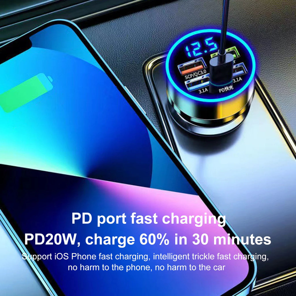 250W LED Car Charger Adapter 4 Ports USB Super Fast Charging Adapter Type C PD Car Phone Charger for Various Smartphones